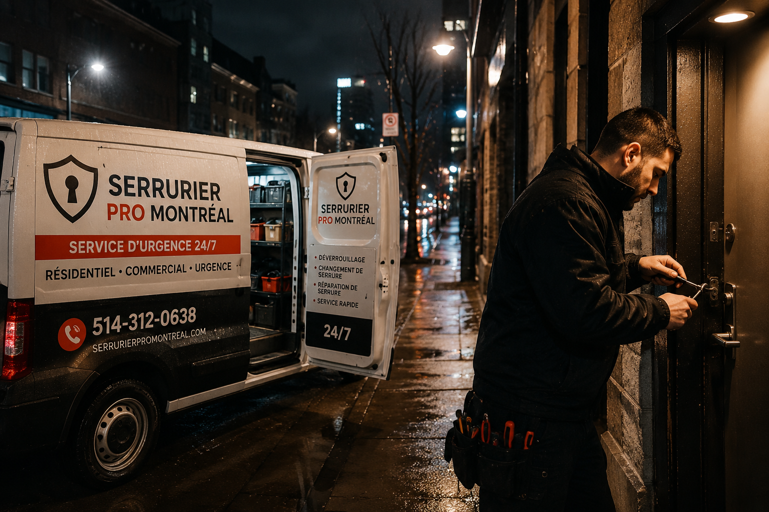 Serrurier d'urgence intervenant lors d'un déverrouillage la nuit à Montréal
