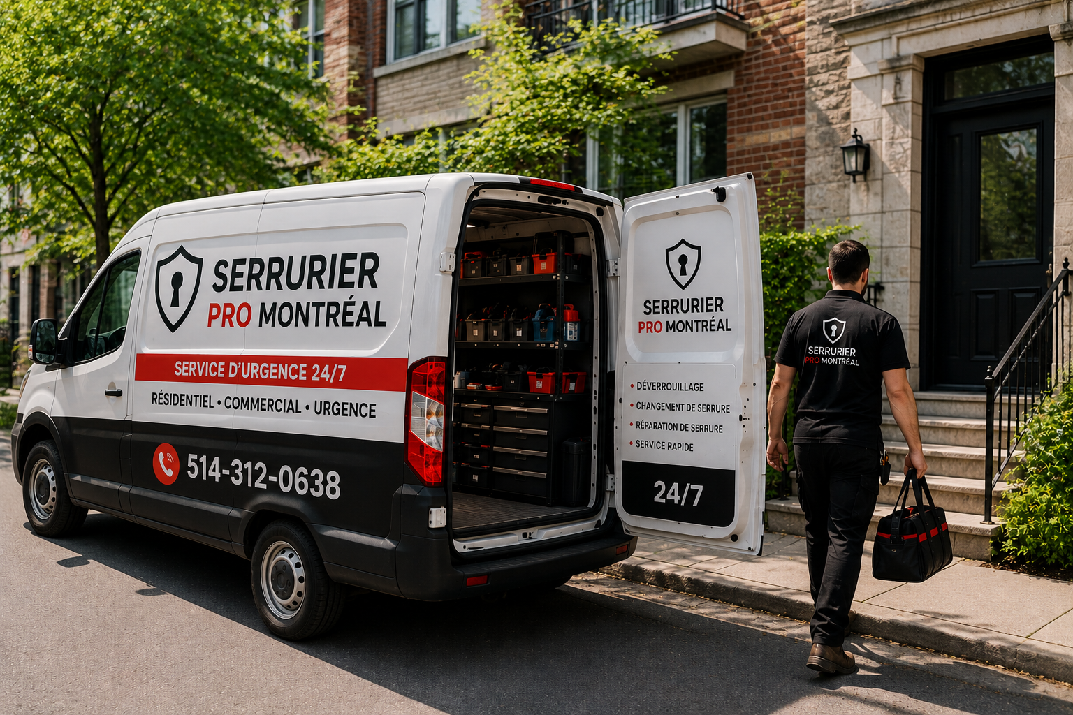 Emergency locksmith technician arriving at a residential property in Montreal with a mobile locksmith van