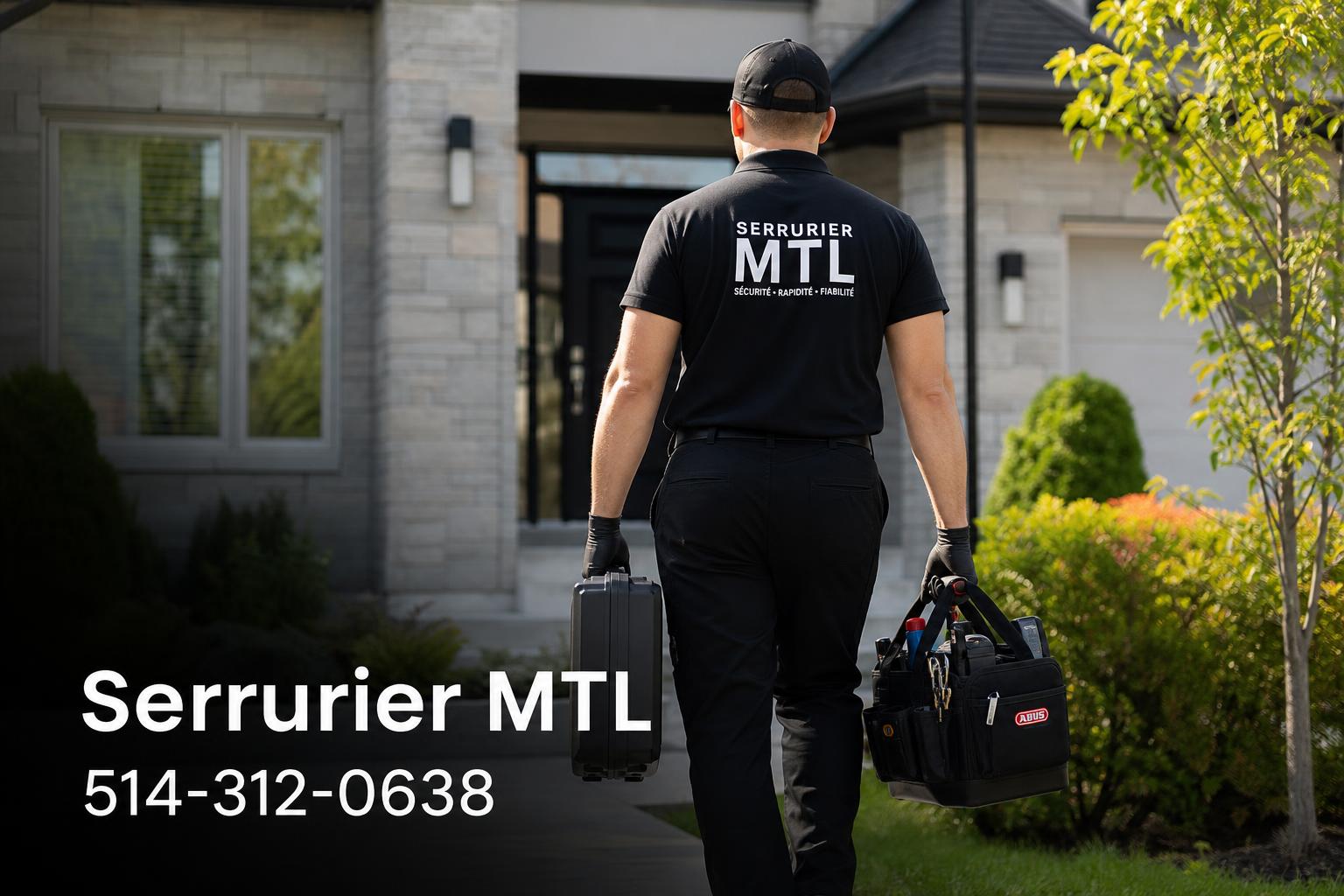 Professional mobile locksmith walking toward a residential home in Boisbriand with equipment